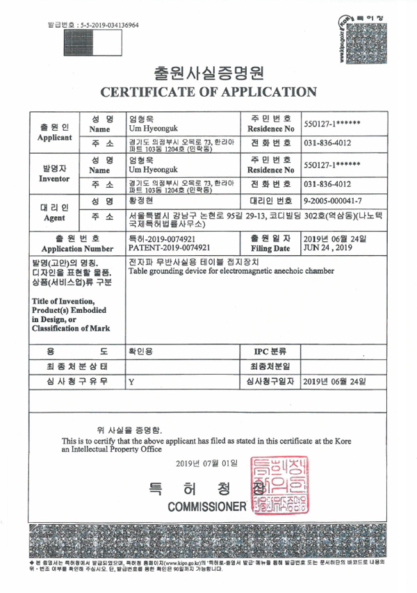 Patent Certificate of application